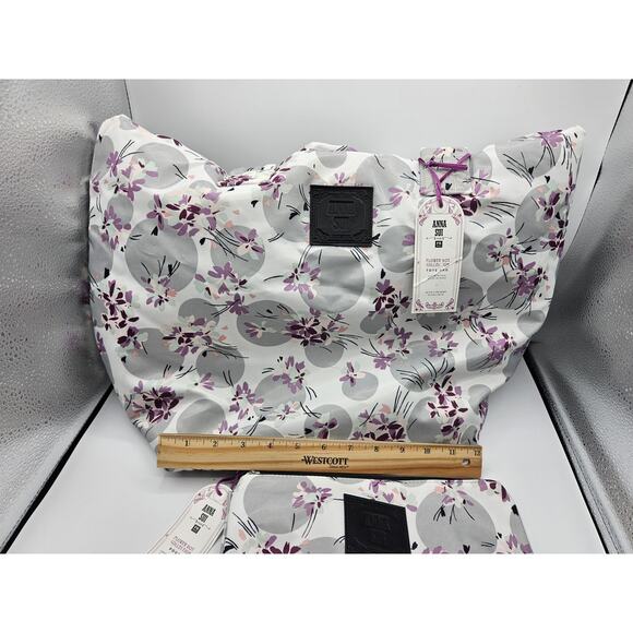 Anna Sui for PB Teen Flower Dot Collection Tote and Pouch NWT Gray Purple Floral - Picture 4 of 13